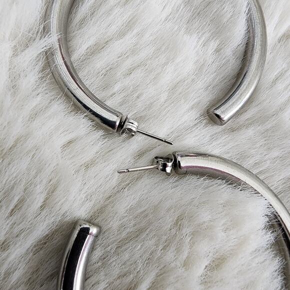 NEW Chunky Tube Hoop Earrings - Silver Rhodium Plated 2-Inch Statement Hoops - Picture 4 of 10